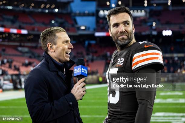 Joe Flacco of the Cleveland Browns is interviewed after the game against the Jacksonville Jaguars at Cleveland Browns Stadium on December 10, 2023 in...