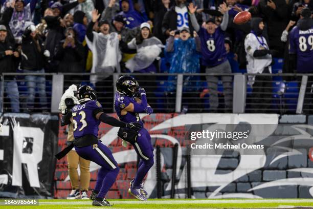 Tylan Wallace of the Baltimore Ravens celebrates with his teammate Del'Shawn Phillips of the Baltimore Ravens after returning a punt for a touchdown...