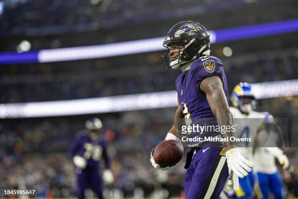 Zay Flowers of the Baltimore Ravens reacts after scoring a two point conversion during an NFL football game between the Baltimore Ravens and the Los...