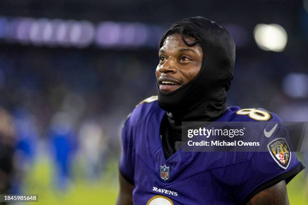 Lamar Jackson of the Baltimore Ravens celebrates following an NFL football game between the Baltimore Ravens and the Los Angeles Rams at M&T Bank...