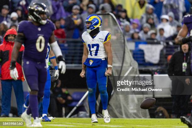 Puka Nacua of the Los Angeles Rams celebrates after completing a diving catch during an NFL football game between the Baltimore Ravens and the Los...