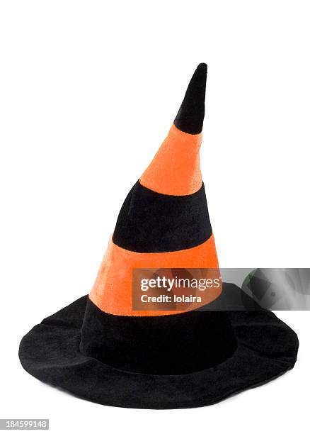 black and orange witch hat isolated on a white background - witch hat on white stock pictures, royalty-free photos & images