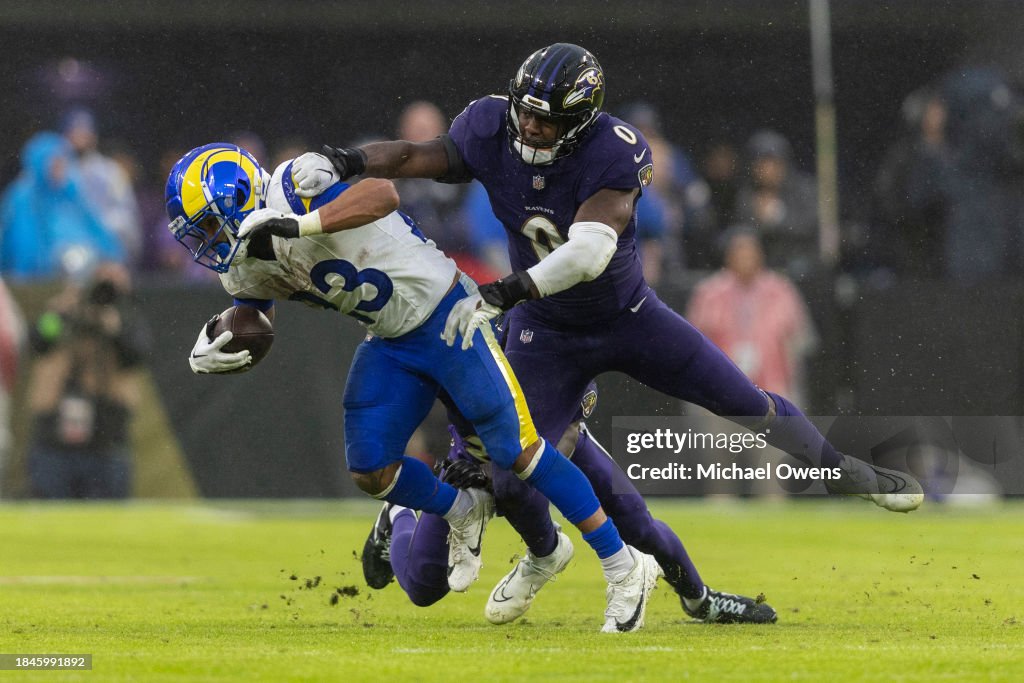 Roquan Smith of the Baltimore Ravens tackles Kyren Williams of the ...
