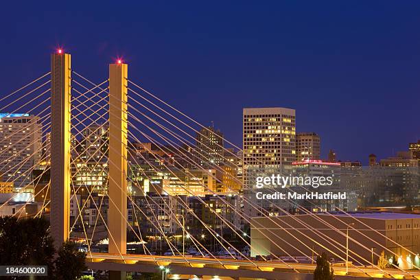 nighttime skyline bridge view on tacoma, washington - tacoma stock pictures, royalty-free photos & images