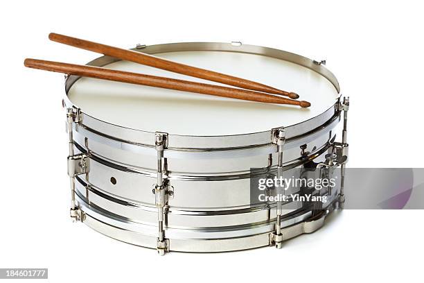 silver snare tin drum with sticks - snare drum stock pictures, royalty-free photos & images