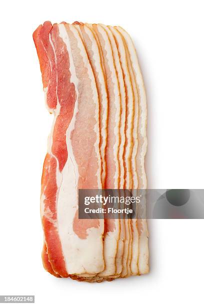 meat: bacon isolated on white background - raw bacon stockfoto's en -beelden