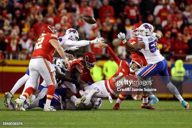 Patrick Mahomes of the Kansas City Chiefs looks to pass in the fourth quarter against the Buffalo Bills at GEHA Field at Arrowhead Stadium on...