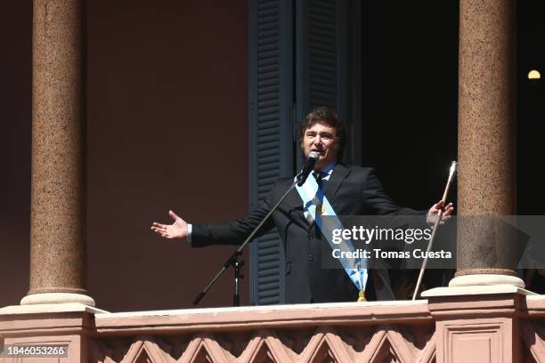 President of Argentina Javier Milei gives a speech after his Inauguration Ceremony at "Casa Rosada" Presidential Palace on December 10, 2023 in...