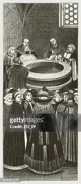 melanchthon baptizing a child (church wittenberg), by lucas cranach - baptismal font stock illustrations