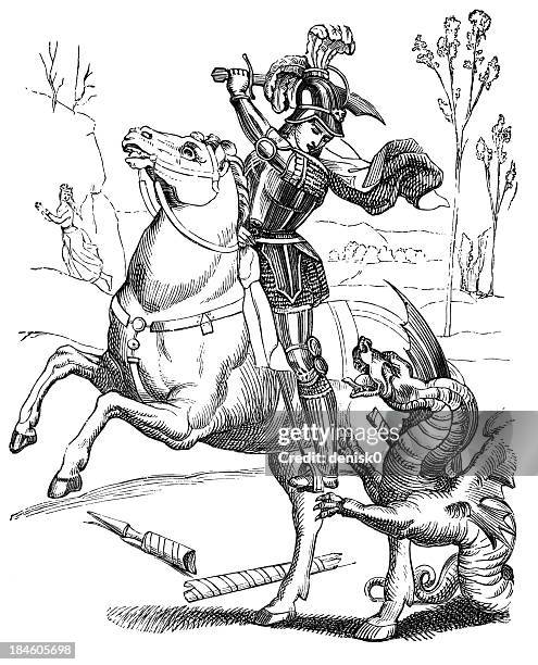 saint george fighting with the dragon - men fighting drawing stock illustrations