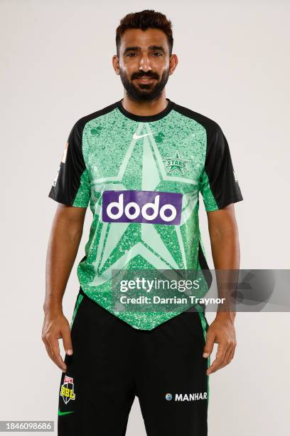 Usama Mir of the Melbourne Stars poses during the Melbourne Stars BBL Headshots Session at Junction Oval on December 04, 2023 in Melbourne, Australia.