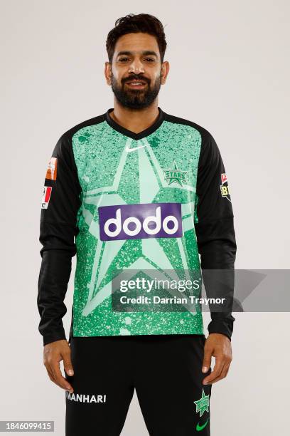 Haris Rauf of the MelbourneStars poses during the Melbourne Stars BBL Headshots Session at Junction Oval on December 04, 2023 in Melbourne, Australia.