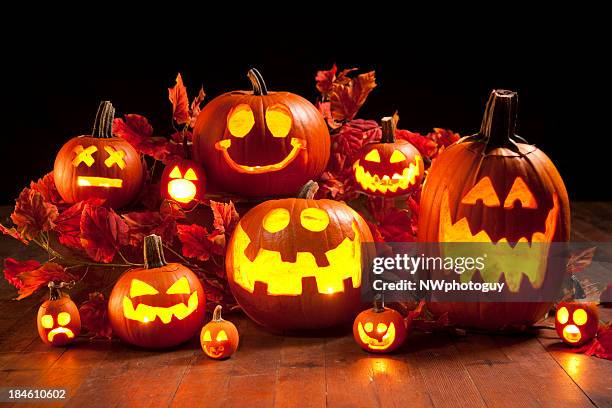 halloween jack-o-lantern pumpkins - frieze stock pictures, royalty-free photos & images