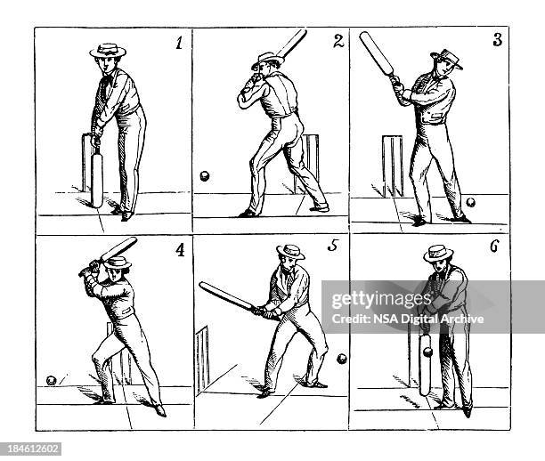 bildbanksillustrationer, clip art samt tecknat material och ikoner med cricket batsman hitting the ball | antique sports illustrations - cricket player