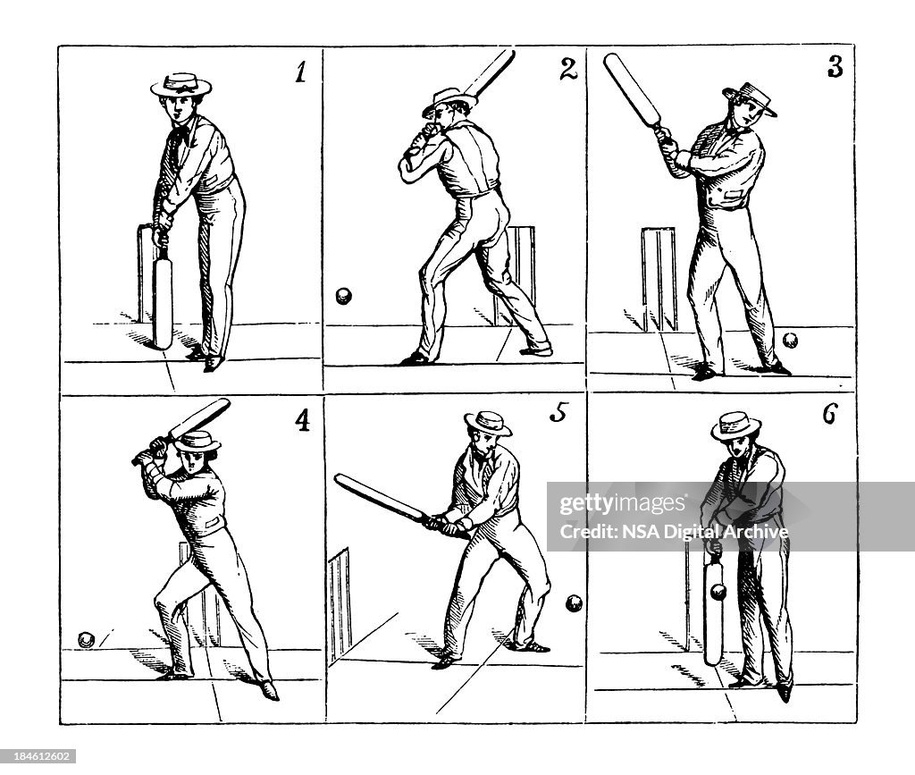 Cricket batsman hitting the ball | Antique Sports Illustrations