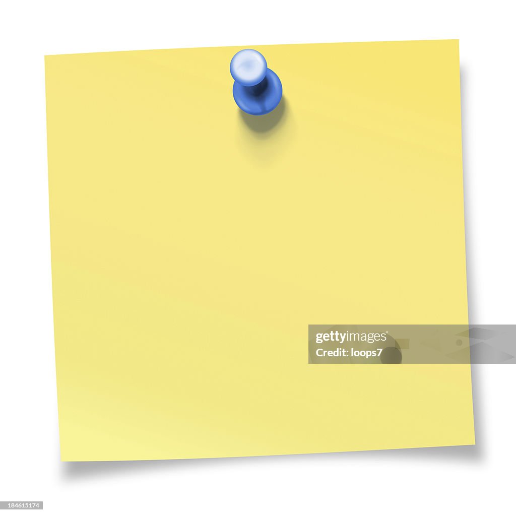 Yellow sticky note pinned with blue thumbtack