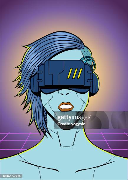 vector closed up cyberpunk girl in a virtual space vector illustration - visor digital 幅插畫檔、美工圖案、卡通及圖標