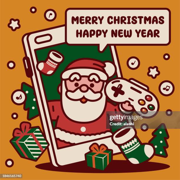 adorable santa claus popping out of a smartphone holds a big game controller gives christmas presents and christmas stockings and wishes you a merry christmas and a happy new year - big xmas stocking stock illustrations