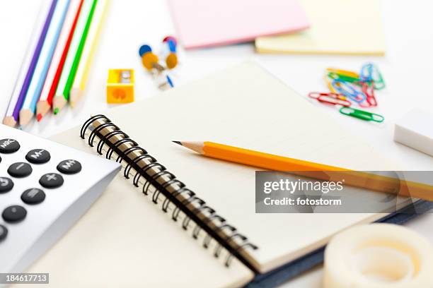 blank notebook and office or school supplies - stationary stock pictures, royalty-free photos & images