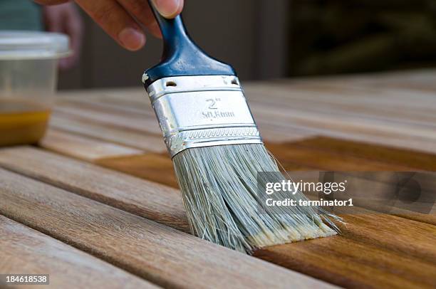 staining wood with paintbrush - wood stain stock pictures, royalty-free photos & images