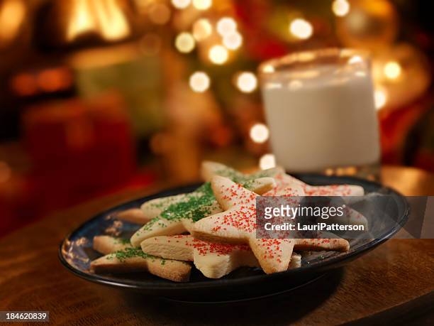sugar cookies and milk for santa - sugar cookie stock pictures, royalty-free photos & images