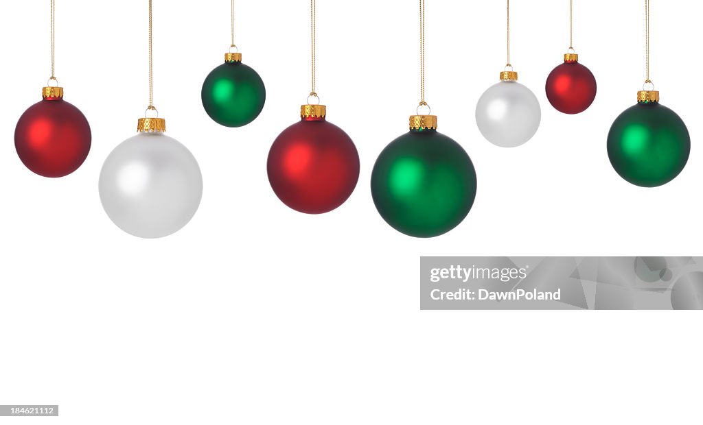 Dangling red, green, and white Christmas ornaments