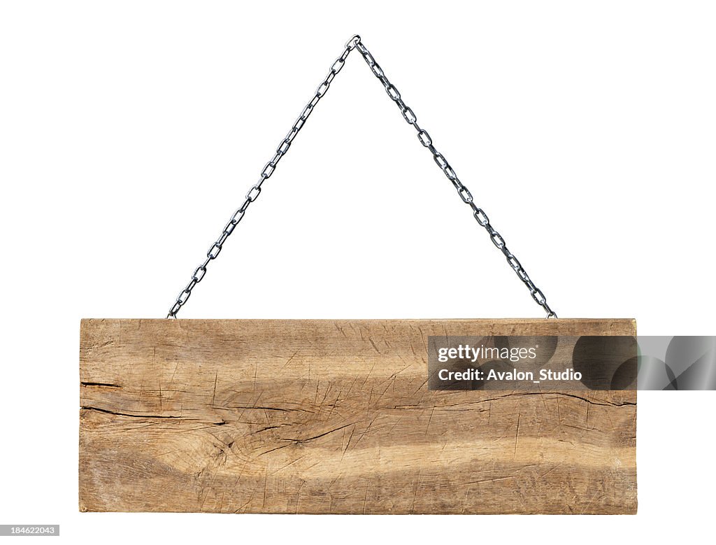 Blank wooden signboard with chain