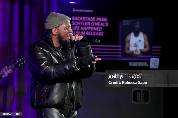 Schyler O'Neal performs at Backstage Pass: Schyler O'Neal's Life Happened. Album Release at The GRAMMY Museum on December 10, 2023 in Los Angeles,...