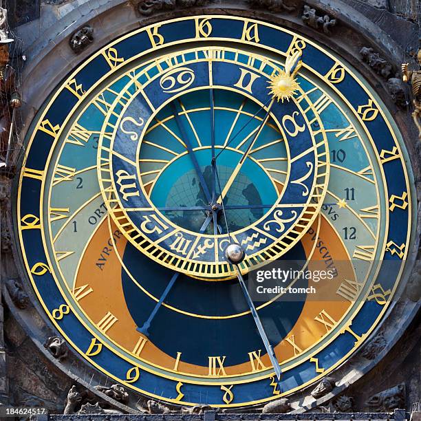 close up of the prague astronomical clock - horloge stock pictures, royalty-free photos & images