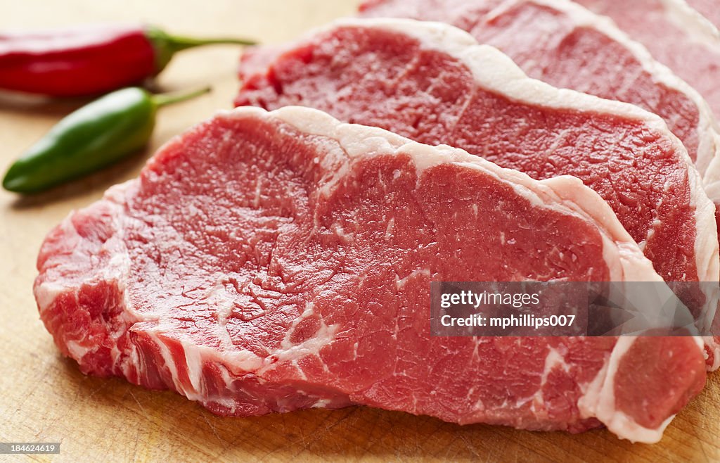 Slices of New York Strip Steak on cutting board