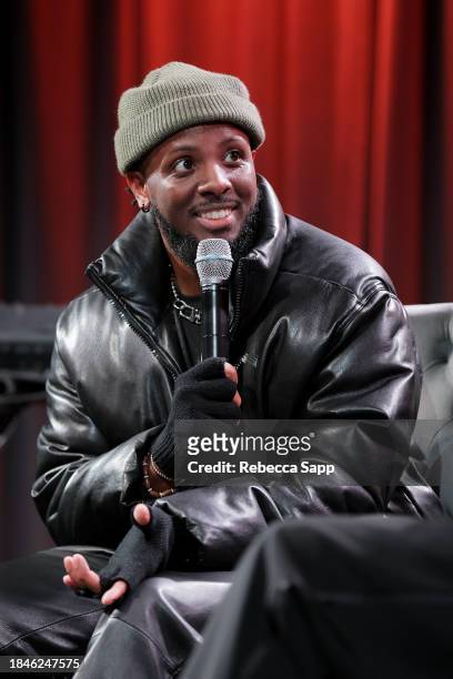 Schyler O'Neal speaks onstage at Backstage Pass: Schyler O'Neal's Life Happened. Album Release at The GRAMMY Museum on December 10, 2023 in Los...