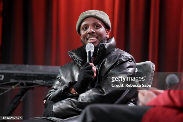 Schyler O'Neal speaks onstage at Backstage Pass: Schyler O'Neal's Life Happened. Album Release at The GRAMMY Museum on December 10, 2023 in Los...