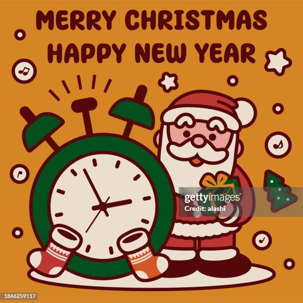 adorable santa claus carrying a christmas present standing near a big alarm clock which is reminding him of the work to be done on christmas - big xmas stocking stock illustrations