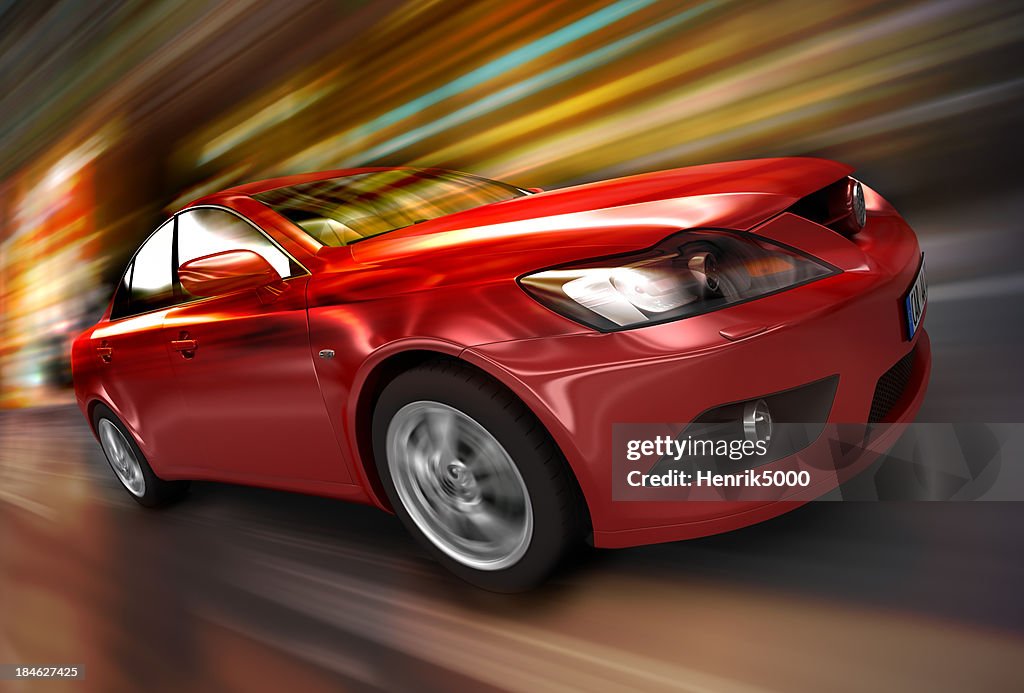 Red car driving fast