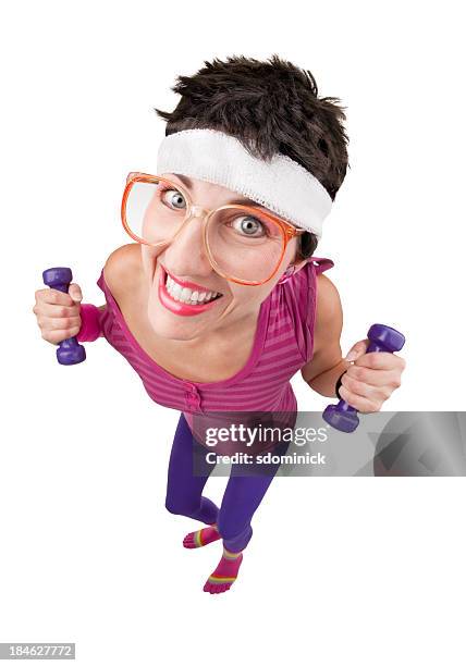 fisheye 80's woman workout - fish eye lens people stock pictures, royalty-free photos & images