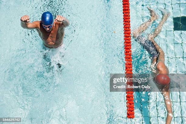 two swimmers racing with winner excited about victory - arm length stock pictures, royalty-free photos & images