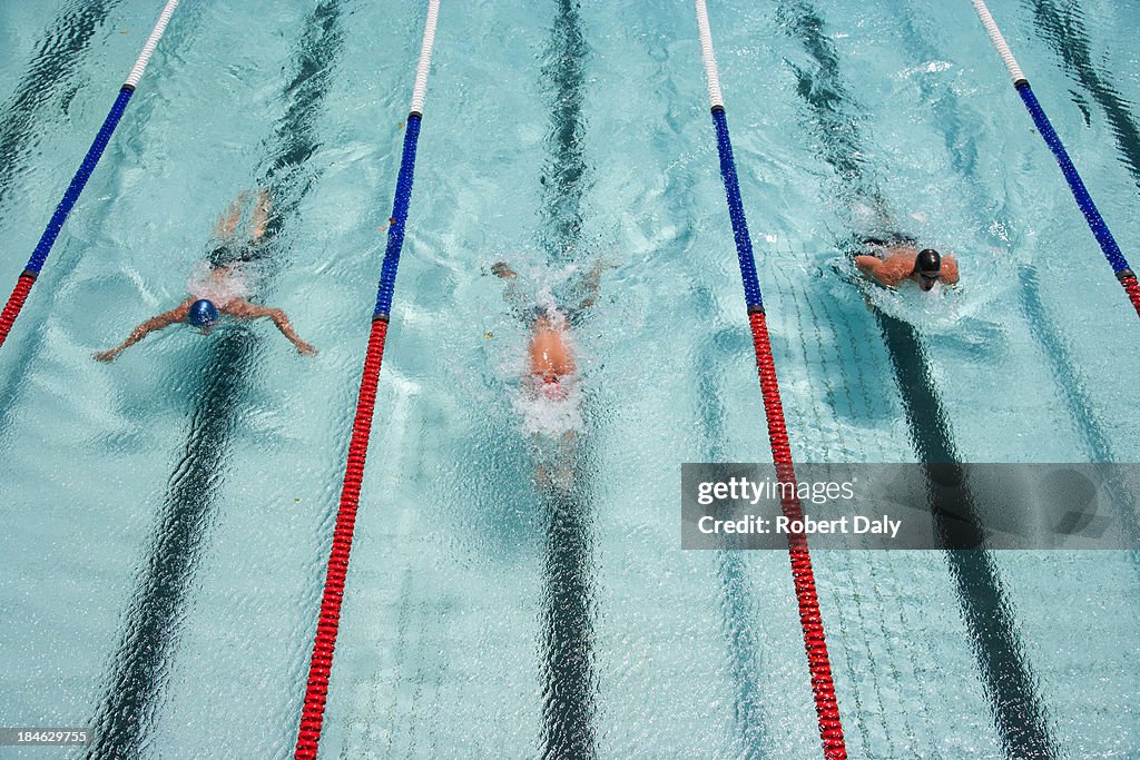 Three swimmers swimming in a pool