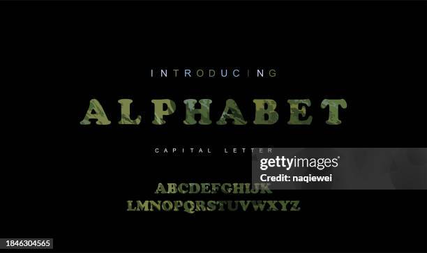 vector wild green textured english alphabet character collection on black background.overlay colorful type for modern logo, headline, fashion lettering and poster typographic.abstract decorative letters set design element - wilderness font stock illustrations