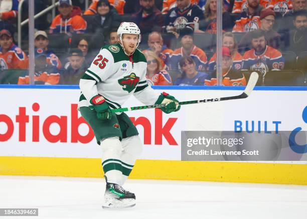 Jonas Brodin of the Minnesota Wild watches the play in the first period against the Edmonton Oilers on December 8, 2023 at Rogers Place in Edmonton,...