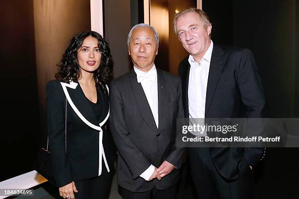Salma Hayek, Hiroshi Sugimoto and Francois-Henri Pinault attend Boucheron Hosts Hiroshi Sugimoto Exhibition Celebration at Place Vendome Boucheron...