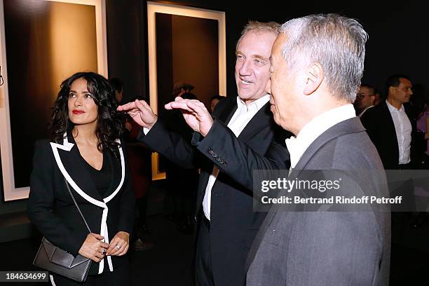 Salma Hayek, Hiroshi Sugimoto and Francois-Henri Pinault attend Boucheron Hosts Hiroshi Sugimoto Exhibition Celebration at Place Vendome Boucheron...