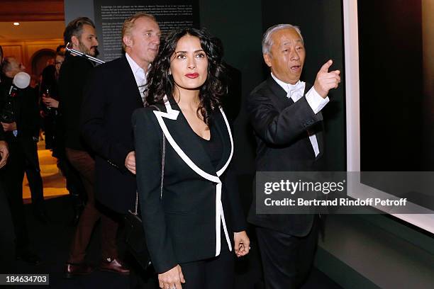 Salma Hayek, Hiroshi Sugimoto and Francois-Henri Pinault attend Boucheron Hosts Hiroshi Sugimoto Exhibition Celebration at Place Vendome Boucheron...