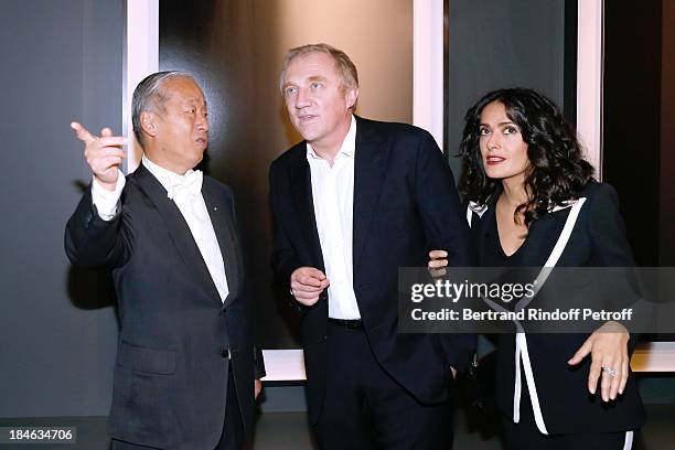 Salma Hayek, Hiroshi Sugimoto and Francois-Henri Pinault attend Boucheron Hosts Hiroshi Sugimoto Exhibition Celebration at Place Vendome Boucheron...