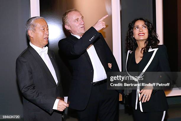 Salma Hayek, Hiroshi Sugimoto and Francois-Henri Pinault attend Boucheron Hosts Hiroshi Sugimoto Exhibition Celebration at Place Vendome Boucheron...