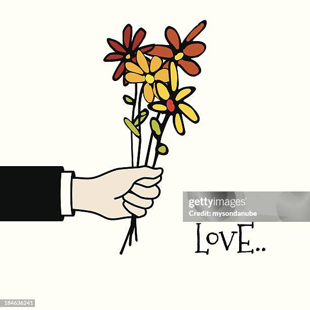 vektor-hand hält einen haufen blumen - bouquet stock-grafiken, -clipart, -cartoons und -symbole