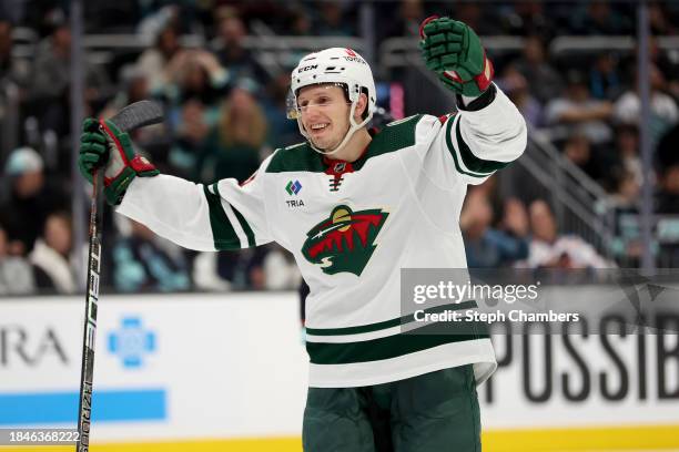 Marco Rossi of the Minnesota Wild celebrates his goal against the Seattle Kraken during the third period at Climate Pledge Arena on December 10, 2023...