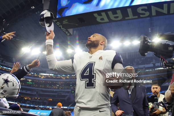 Dak Prescott of the Dallas Cowboys reacts after a 33-13 victory against the Philadelphia Eagles at AT&T Stadium on December 10, 2023 in Arlington,...