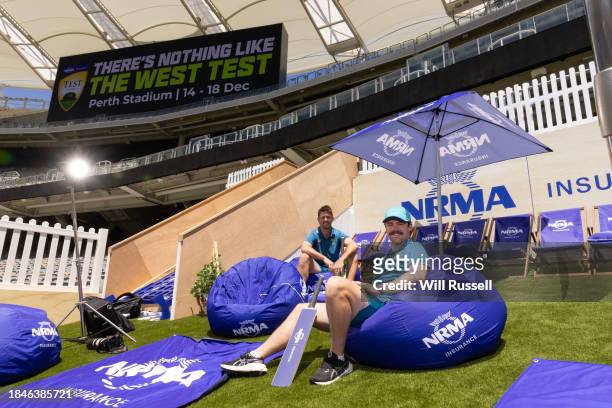 Australian cricket players Mitch Marsh and Travis Head pose during the 2023/24 NRMA Insurance Test Series Launch at Optus Stadium on December 11,...