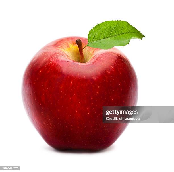 ripe red apple with green leaf isolated on white - red apple stock pictures, royalty-free photos & images