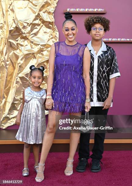 Cairo Hardrict, Tia Mowry and Cree Taylor Hardrict attend the Los Angeles Premiere of Warner Bros. "Wonka" at Regency Village Theatre on December 10,...